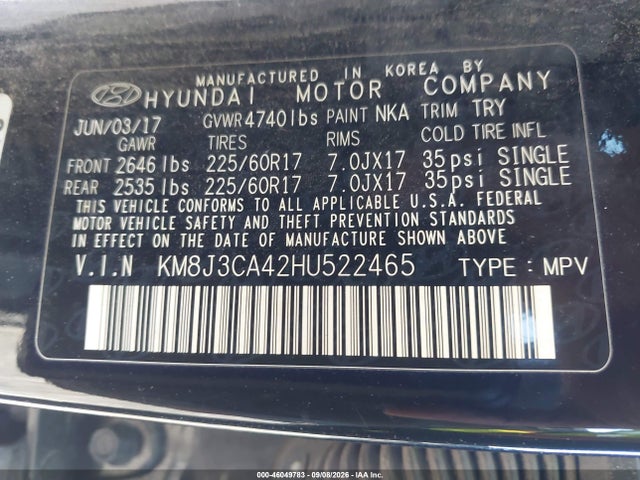 Aukcja sprzedaży 2017 Hyundai Tucson Limited/sport And Eco/se, vin: KM8J3CA42HU522465, numer aukcji: 46049783
