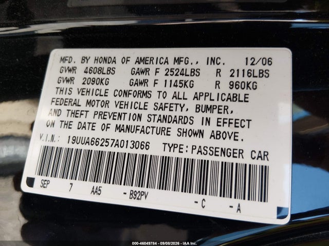 46049784 :رقم المزاد ، 19UUA66257A013066 vin ، 2007 Acura Tl 3.2 مزاد بيع