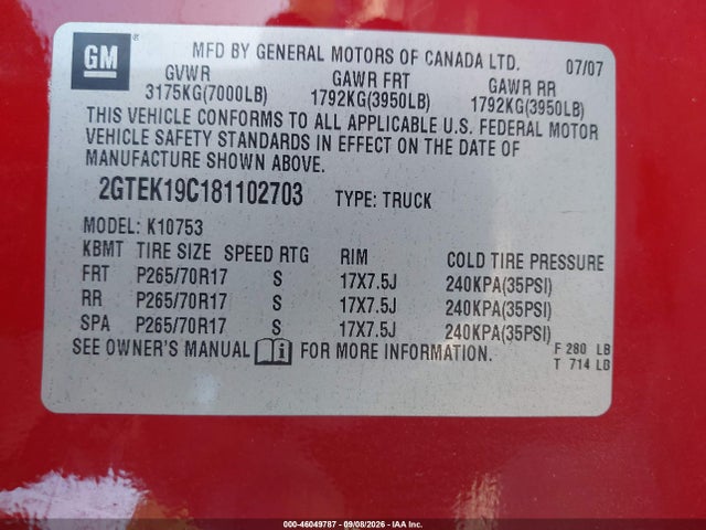 46049787 :رقم المزاد ، 2GTEK19C181102703 vin ، 2008 Gmc Sierra 1500 Work Truck مزاد بيع