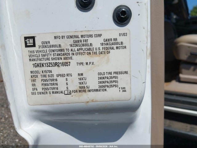 46049792 :رقم المزاد ، 1GKEK13Z53R216057 vin ، 2003 Gmc Yukon Slt مزاد بيع