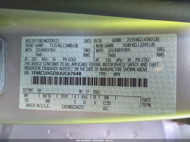 46049808 :رقم المزاد ، 1FMCU9GD8JUC67648 vin ، 2018 Ford Escape Se مزاد بيع