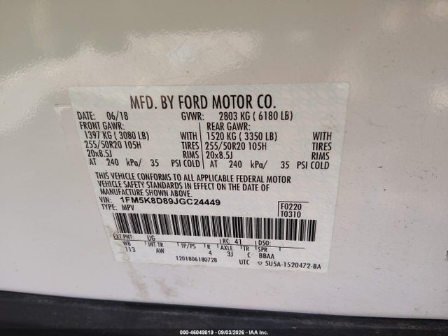 46049819 :رقم المزاد ، 1FM5K8D89JGC24449 vin ، 2018 Ford Explorer Xlt مزاد بيع