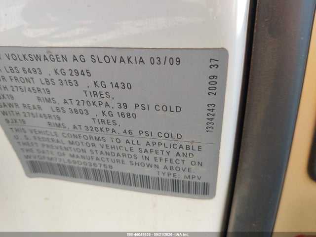 2009 Volkswagen Touareg 2 V6 Tdi მანქანა იყიდება აუქციონზე, vin: WVGFM77L59D036758, აუქციონის ნომერი: 46049825