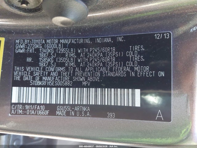 46049837 :رقم المزاد ، 5TDBKRFH5ES005882 vin ، 2014 Toyota Highlander Le Plus V6 مزاد بيع