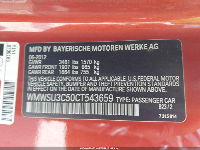 46049853 :رقم المزاد ، WMWSU3C50CT543659 vin ، 2012 Mini Cooper مزاد بيع