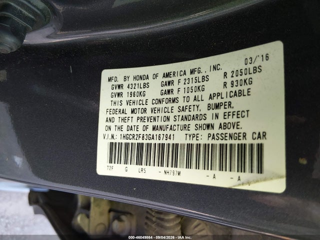 Auction sale of the 2016 Honda Accord Ex-l, vin: 1HGCR2F83GA167941, lot number: 46049864