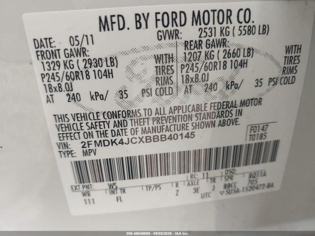 Продаж на аукціоні авто 2011 Ford Edge Sel, vin: 2FMDK4JCXBBB40145, номер лоту: 46049869