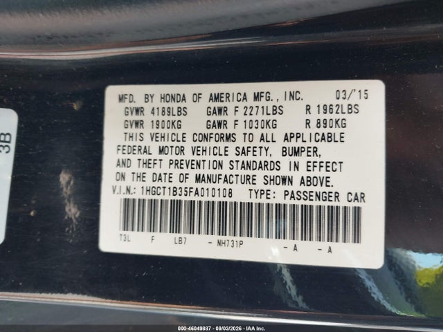 2015 Honda Accord Lx-s მანქანა იყიდება აუქციონზე, vin: 1HGCT1B35FA010108, აუქციონის ნომერი: 46049887