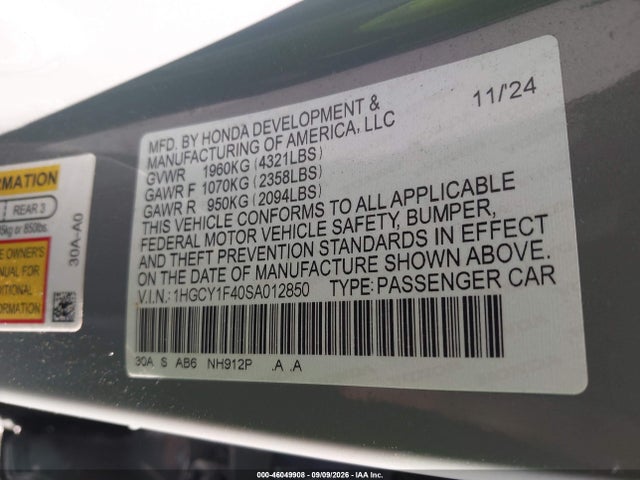 Продажа на аукционе авто 2025 Honda Accord Se, vin: 1HGCY1F40SA012850, номер лота: 46049908