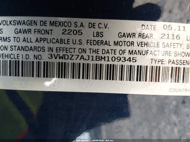 Aukcja sprzedaży 2011 Volkswagen Jetta 2.5l Se, vin: 3VWDZ7AJ1BM109345, numer aukcji: 46049917