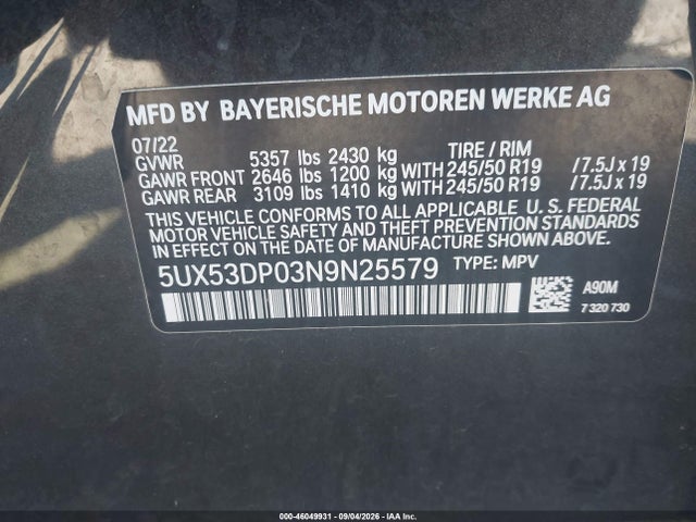 46049931 :رقم المزاد ، 5UX53DP03N9N25579 vin ، 2022 Bmw X3 Xdrive30i مزاد بيع