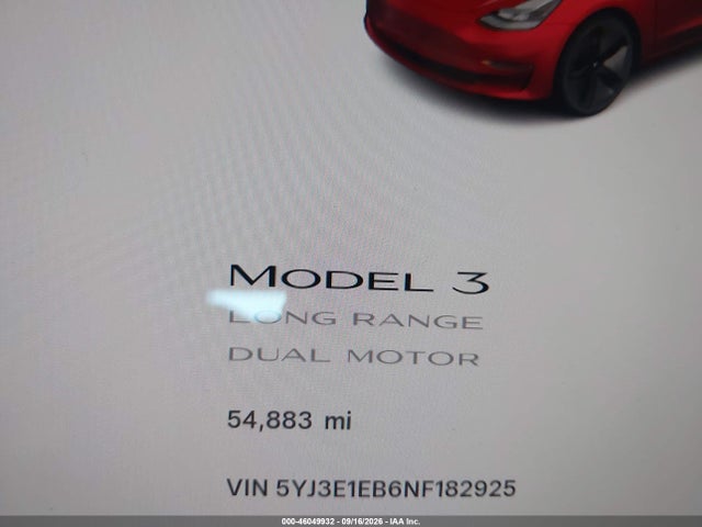 5YJ3E1EB6NF182925 Tesla Model 3 Long Range Dual Motor All-wheel Drive
