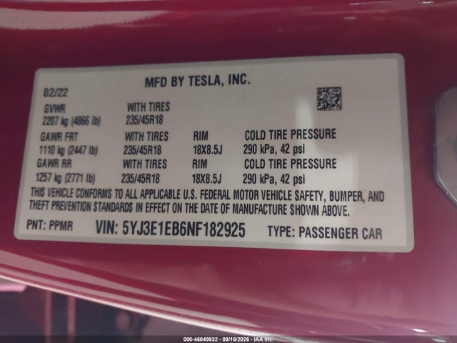 5YJ3E1EB6NF182925 Tesla Model 3 Long Range Dual Motor All-wheel Drive