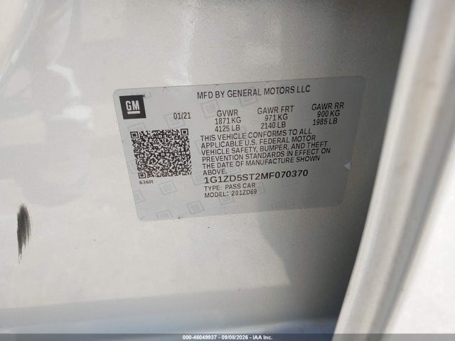 Aukcja sprzedaży 2021 Chevrolet Malibu Fwd Lt, vin: 1G1ZD5ST2MF070370, numer aukcji: 46049937