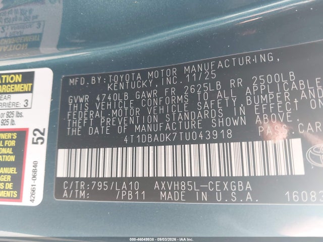 46049938 :رقم المزاد ، 4T1DBADK7TU043918 vin ، 2026 Toyota Camry Xle مزاد بيع