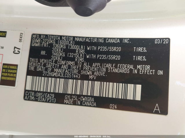 46049940 :رقم المزاد ، 2T2HGMDA3LC051443 vin ، 2020 Lexus Rx 450h مزاد بيع
