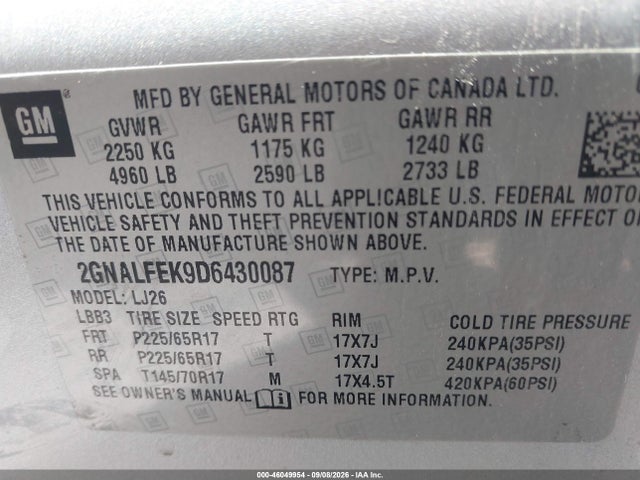 2013 Chevrolet Equinox Ltz მანქანა იყიდება აუქციონზე, vin: 2GNALFEK9D6430087, აუქციონის ნომერი: 46049954