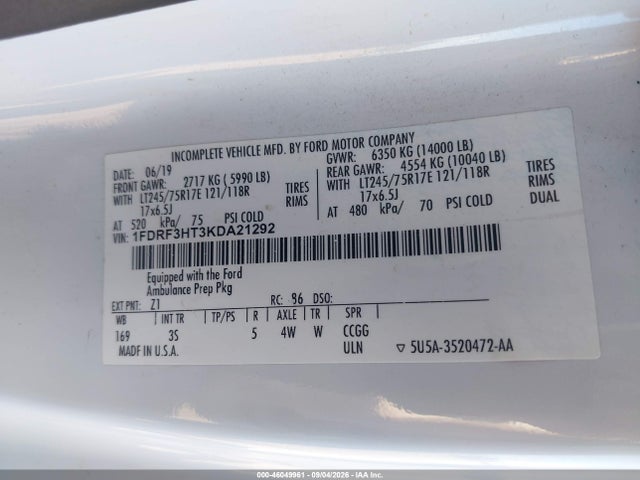 2019 Ford F-350 Chassis Xlt მანქანა იყიდება აუქციონზე, vin: 1FDRF3HT3KDA21292, აუქციონის ნომერი: 46049961
