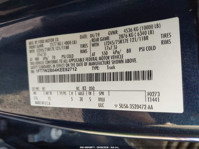 Aukcja sprzedaży 2019 Ford F-250 Xl, vin: 1FT7W2B64KEE92712, numer aukcji: 46049971