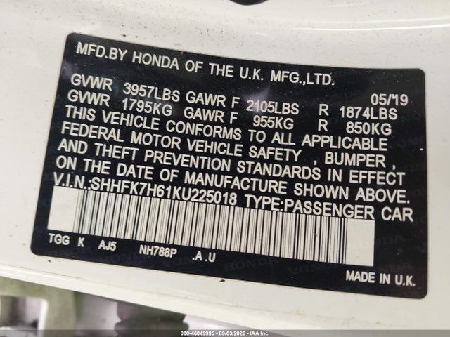 Продаж на аукціоні авто 2019 Honda Civic Ex, vin: SHHFK7H61KU225018, номер лоту: 46049995