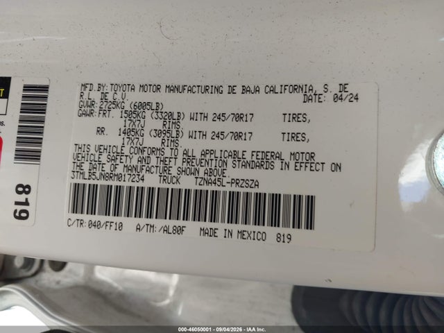 Aukcja sprzedaży 2024 Toyota Tacoma Sr5, vin: 3TMLB5JN8RM017234, numer aukcji: 46050001
