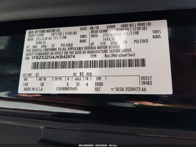 46050008 :رقم المزاد ، 1FBZX2ZG4JKB42974 vin ، 2018 Ford Transit-350 Xl مزاد بيع