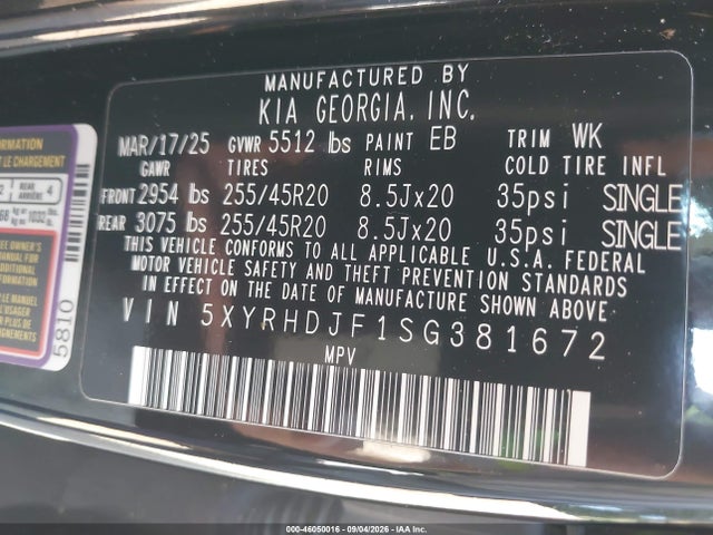 Aukcja sprzedaży 2025 Kia Sorento Ex, vin: 5XYRHDJF1SG381672, numer aukcji: 46050016