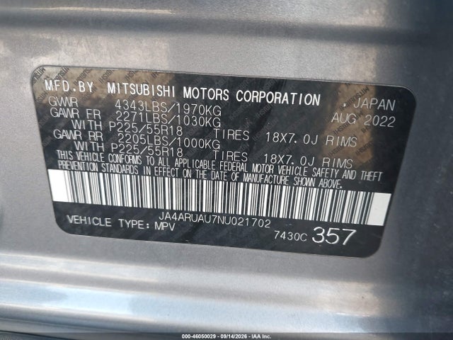 2022 Mitsubishi Outlander Sport 2.0 Be Awc/2.0 Es Awc/2.0 Le Awc/2.0 Se Awc/2.0 Se Special Edition Awc მანქანა იყიდება აუქციონზე, vin: JA4ARUAU7NU021702, აუქციონის ნომერი: 46050029