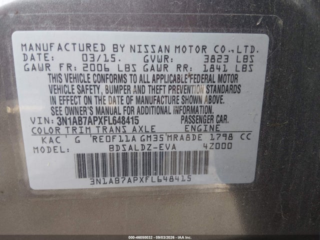 Продаж на аукціоні авто 2015 Nissan Sentra Fe+ S/s/sl/sr/sv, vin: 3N1AB7APXFL648415, номер лоту: 46050032