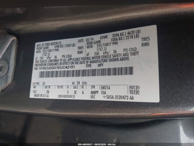 2014 Ford Escape Se მანქანა იყიდება აუქციონზე, vin: 1FMCU0GX1EUC42151, აუქციონის ნომერი: 46050037