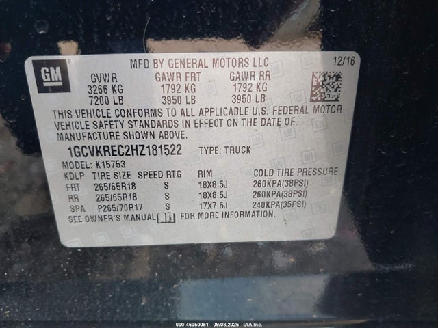 Aukcja sprzedaży 2017 Chevrolet Silverado 1500 2lt, vin: 1GCVKREC2HZ181522, numer aukcji: 46050051