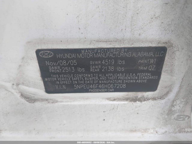 46050052 :رقم المزاد ، 5NPEU46F46H067208 vin ، 2006 Hyundai Sonata Gls V6/lx V6 مزاد بيع