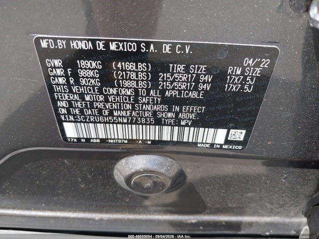 46050054 :رقم المزاد ، 3CZRU6H55NM773835 vin ، 2022 Honda Hr-v Awd Ex مزاد بيع