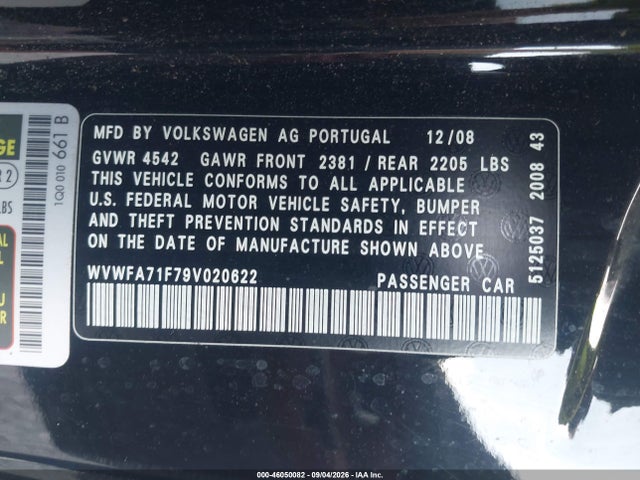 46050082 :رقم المزاد ، WVWFA71F79V020622 vin ، 2009 Volkswagen Eos Lux مزاد بيع