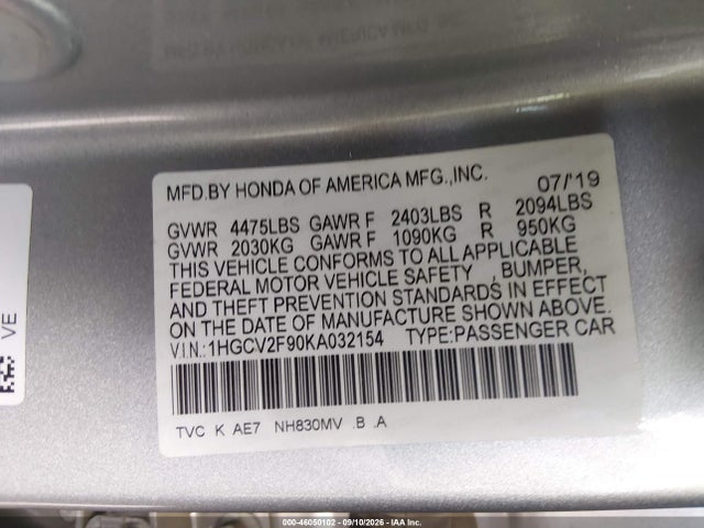 Aukcja sprzedaży 2019 Honda Accord Touring 2.0t, vin: 1HGCV2F90KA032154, numer aukcji: 46050102