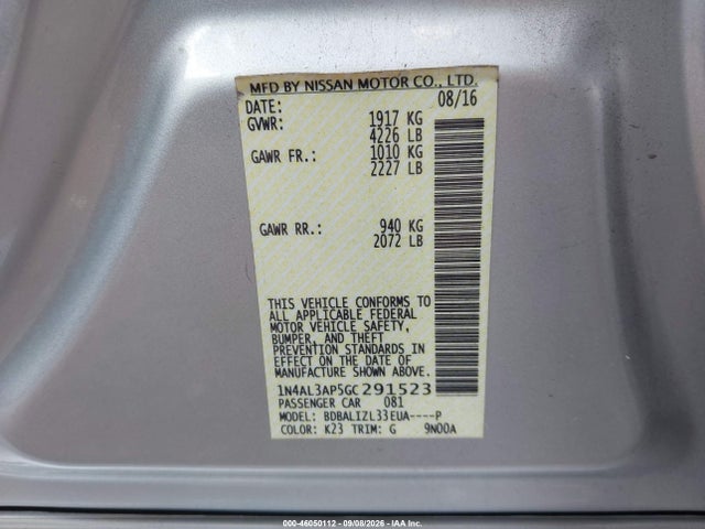 2016 Nissan Altima 2.5 Sv მანქანა იყიდება აუქციონზე, vin: 1N4AL3AP5GC291523, აუქციონის ნომერი: 46050112
