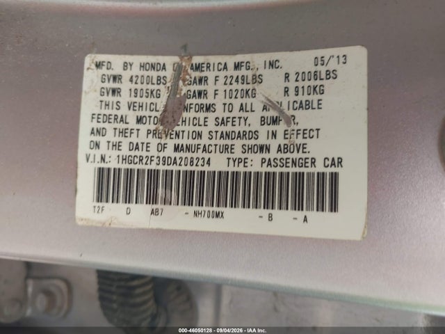 Продажа на аукционе авто 2013 Honda Accord Lx, vin: 1HGCR2F39DA208234, номер лота: 46050128