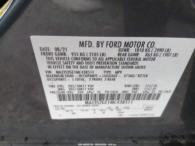 46050130 :رقم المزاد ، MAJ3S2GE1MC438511 vin ، 2021 Ford Ecosport Se مزاد بيع