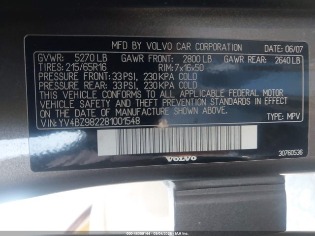 2008 Volvo Xc70 3.2 მანქანა იყიდება აუქციონზე, vin: YV4BZ982281001548, აუქციონის ნომერი: 46050144