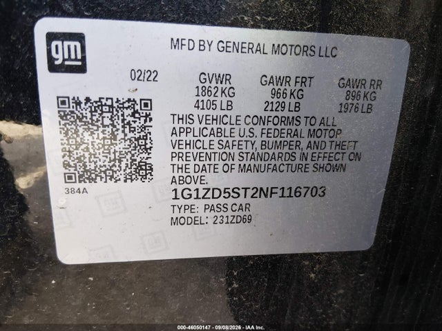 Aukcja sprzedaży 2022 Chevrolet Malibu Fwd Lt, vin: 1G1ZD5ST2NF116703, numer aukcji: 46050147