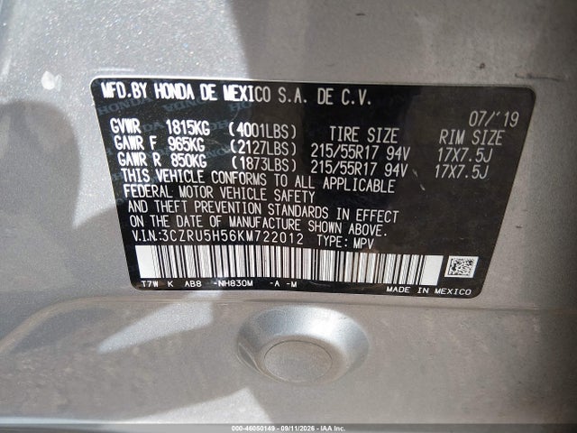 Aukcja sprzedaży 2019 Honda Hr-v Ex, vin: 3CZRU5H56KM722012, numer aukcji: 46050149