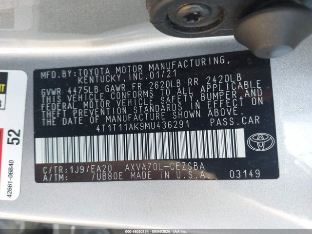 Продажа на аукционе авто 2021 Toyota Camry Se, vin: 4T1T11AK9MU436291, номер лота: 46050154