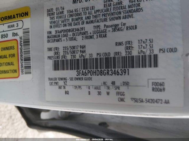 Aukcja sprzedaży 2016 Ford Fusion Se, vin: 3FA6P0HD8GR346391, numer aukcji: 46050161