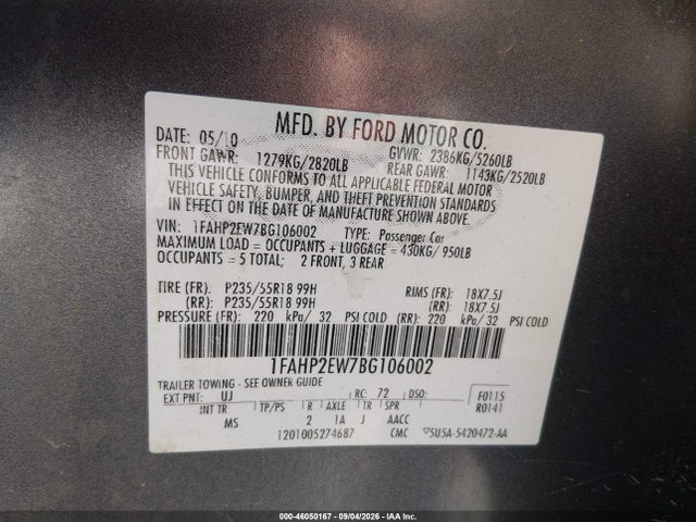 46050167 :رقم المزاد ، 1FAHP2EW7BG106002 vin ، 2011 Ford Taurus Sel مزاد بيع