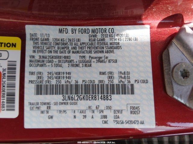 Продажа на аукционе авто 2014 Lincoln Mkz, vin: 3LN6L2GK0ER814883, номер лота: 46050177