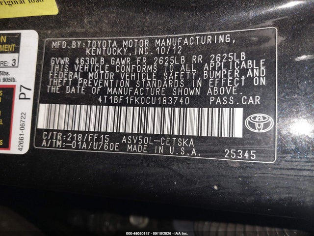 46050187 :رقم المزاد ، 4T1BF1FK0CU183740 vin ، 2012 Toyota Camry Se مزاد بيع