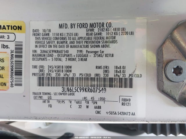 Aukcja sprzedaży 2019 Lincoln Mkz Reserve I, vin: 3LN6L5C99KR607540, numer aukcji: 46050193