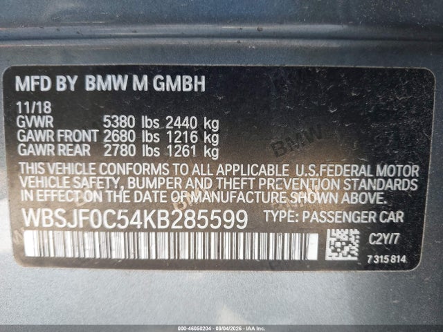 Aukcja sprzedaży 2019 Bmw M5, vin: WBSJF0C54KB285599, numer aukcji: 46050204