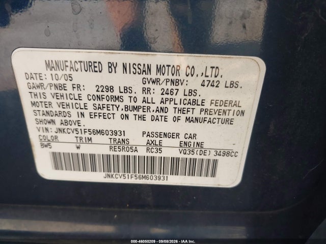 Aukcja sprzedaży 2006 Infiniti G35x, vin: JNKCV51F56M603931, numer aukcji: 46050209