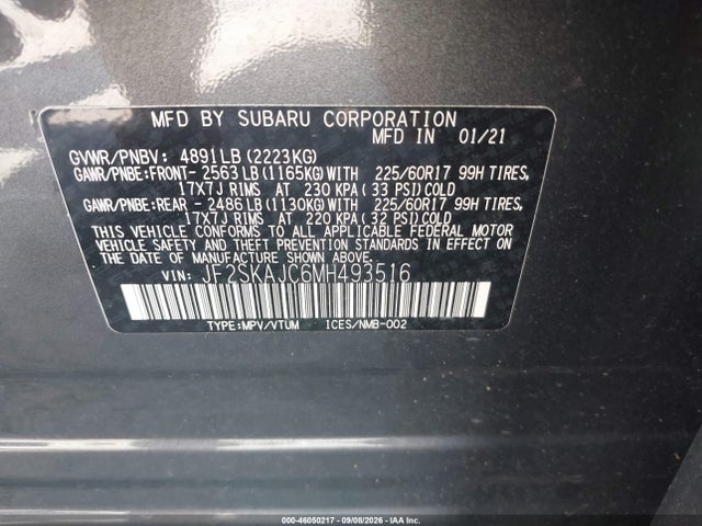 2021 Subaru Forester Premium მანქანა იყიდება აუქციონზე, vin: JF2SKAJC6MH493516, აუქციონის ნომერი: 46050217